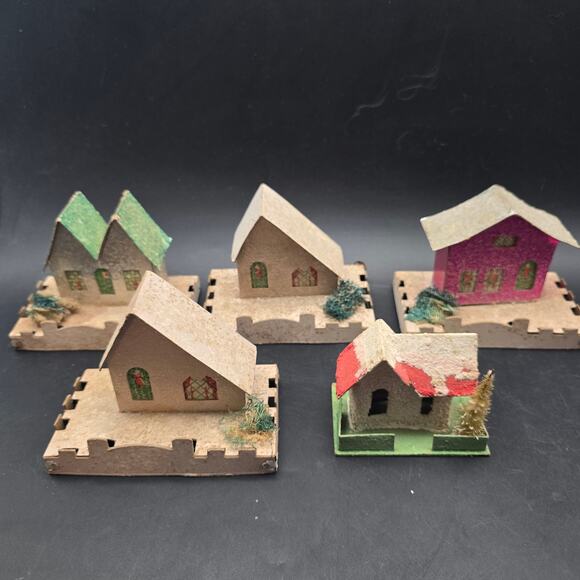 Vintage Paper Putz Houses Set of 5 Glitter Mica Christmas Village - Picture 1 of 12